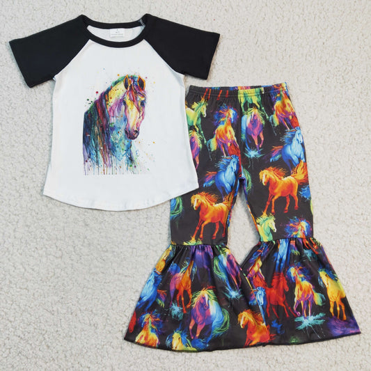 (Promotion) Girls Rainbow Horses bell bottom pants outfits   B8-4