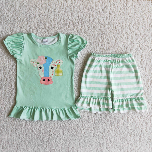 (Promotion)Girls green heifer print top stripes ruffles shorts summer outfits B9-1