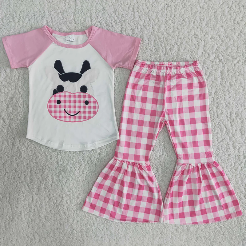 (Promotion) Girls pink cow print bell bottom pants outfit  B9-11