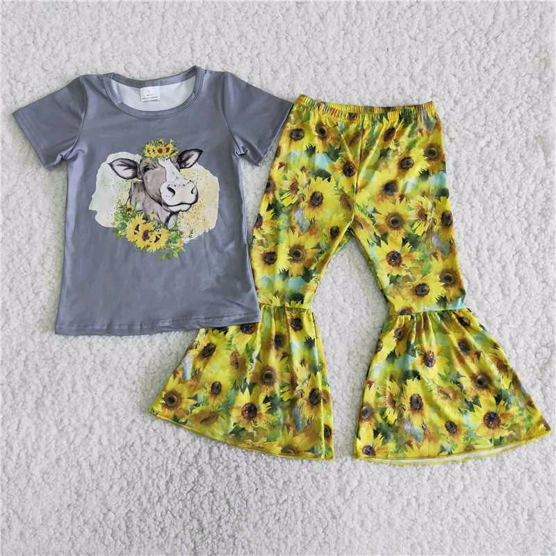 (Promotion) Girls Cow Sunflower Print Top Bell Bottom Pants Clothes Sets  B9-15