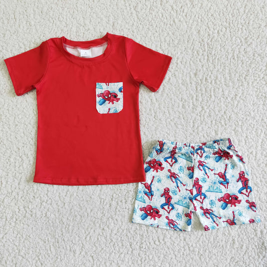 Boys red top cartoon spider print summer outfits BSSO0009