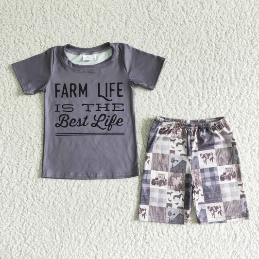 Farm life is the best life gray print boys shorts summer outfits   BSSO0029