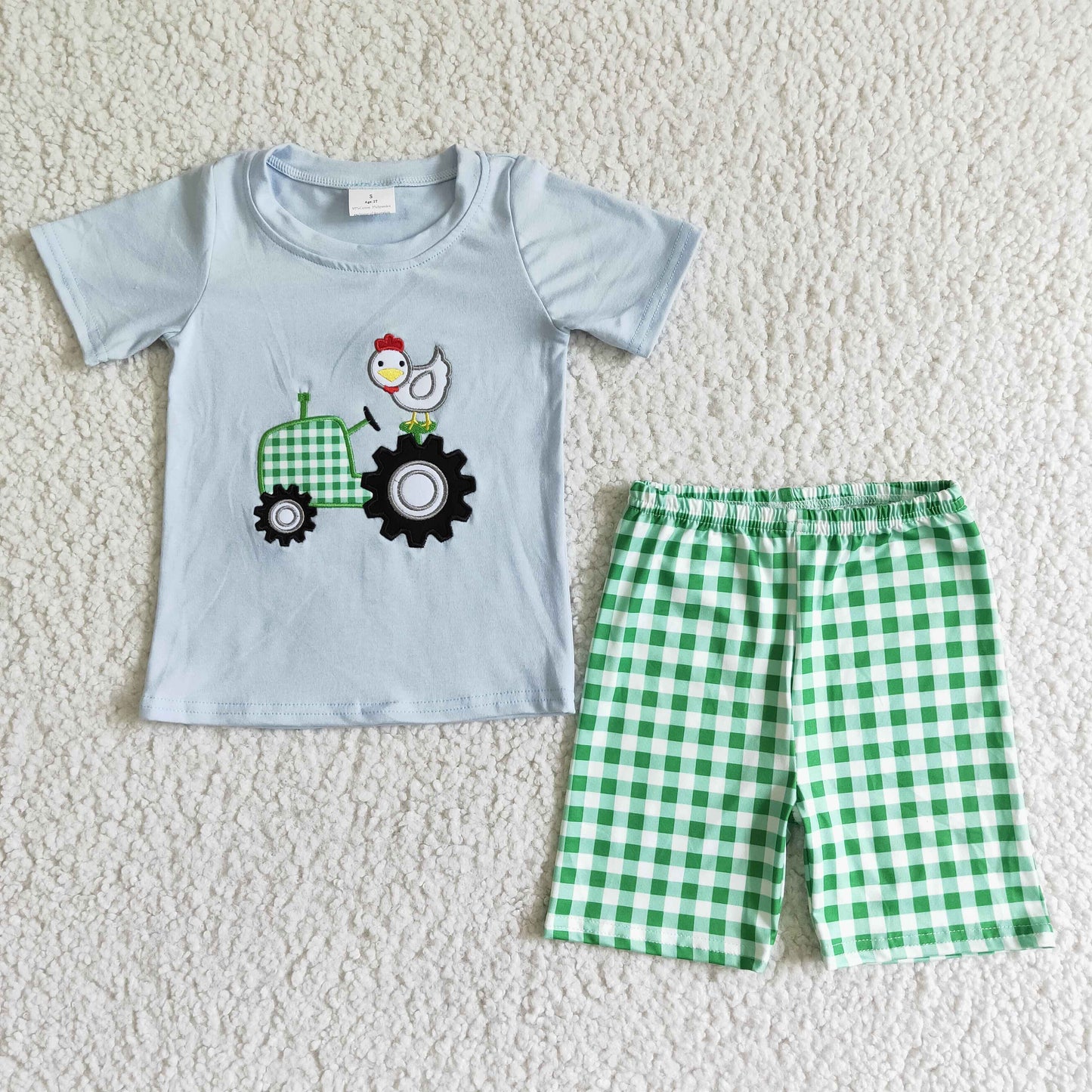 (Promotion)Tractor Chicken Embroidery Top Green Plaid Shorts Boys Summer Outfits BSSO0031