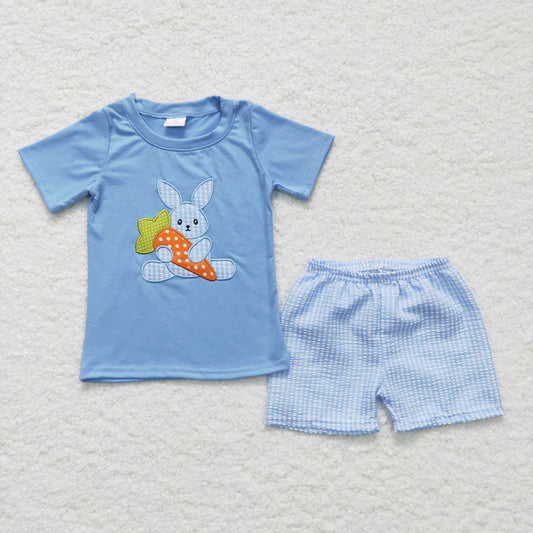 (Promotion)Boy blue bunny embroidery shorts Easter outfit    BSSO0087