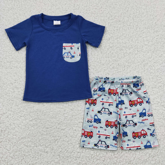 Boy police car print summer outfits  BSSO0121