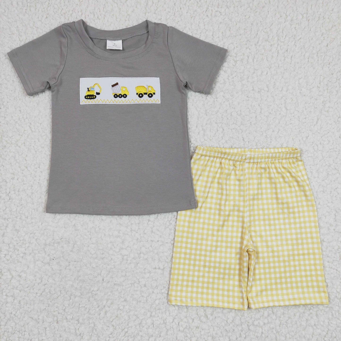 Boys construction print embroidery summer outfits  BSSO0124