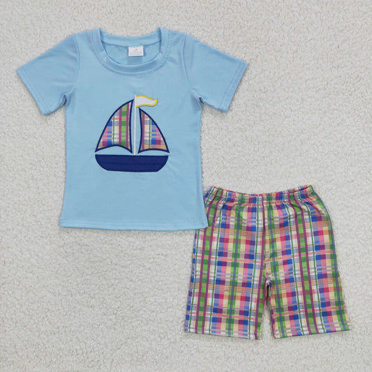 Boys sailboat print embroidery summer outfits  BSSO0127