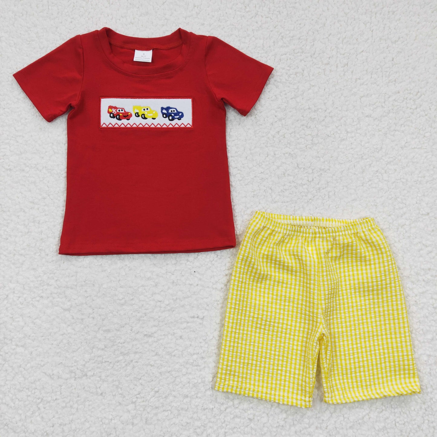 BSSO1003 Cars Embroidery Red Top Yellow Shorts Boys Outfits