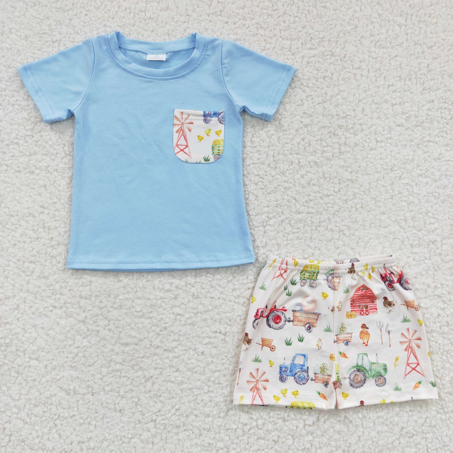 Boys blue top farm tractors print summer outfits BSSO0142