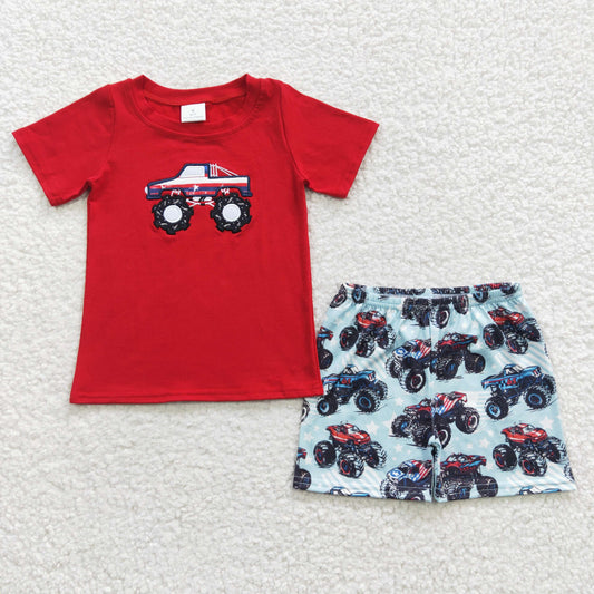 BSSO0185 Boys red cotton car print embroidery top kids summer outfits