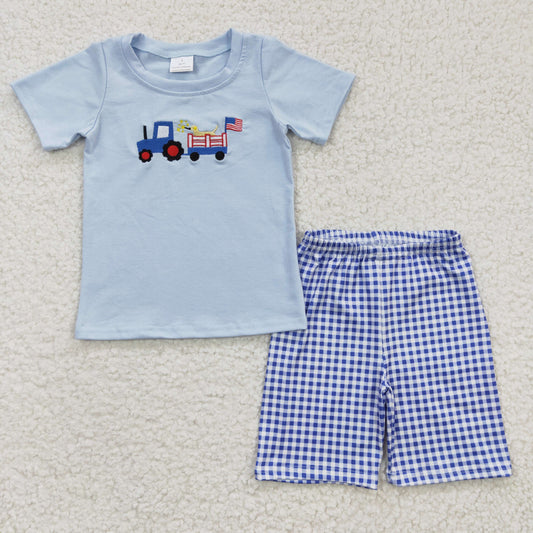 Boys truck dog flag print 4th of July outfits   BSSO0195