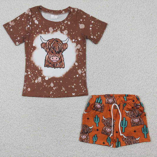 Highland cow cactus print boys summer outfits BSSO0199