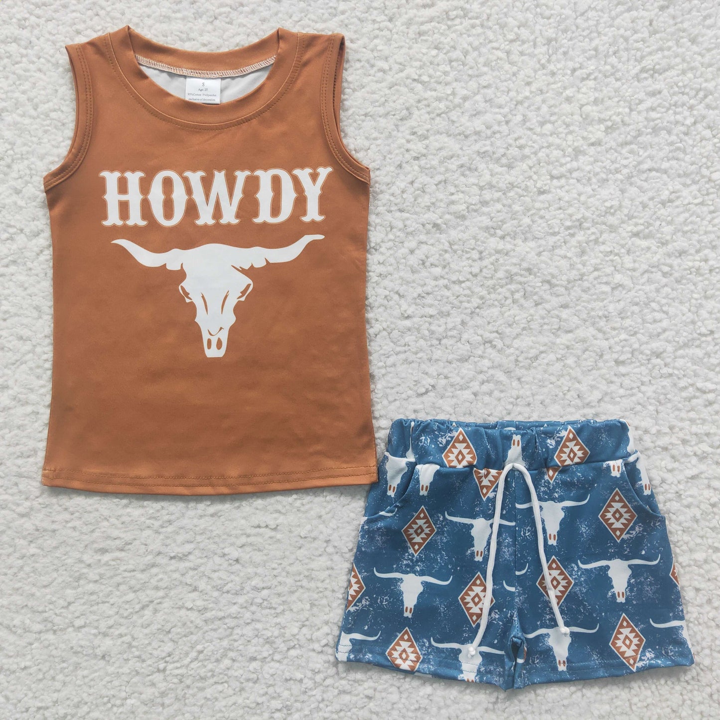 Howdy cow skull print brown top boys summer western outfits BSSO0207