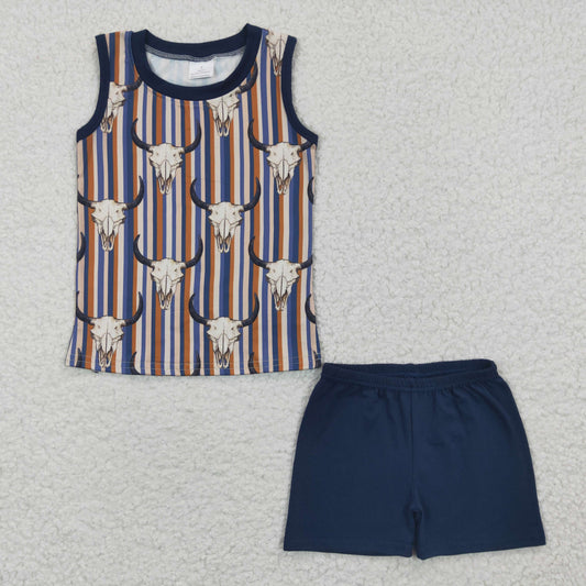 Boys sleeveless cow skull stripes western summer outfits BSSO0217