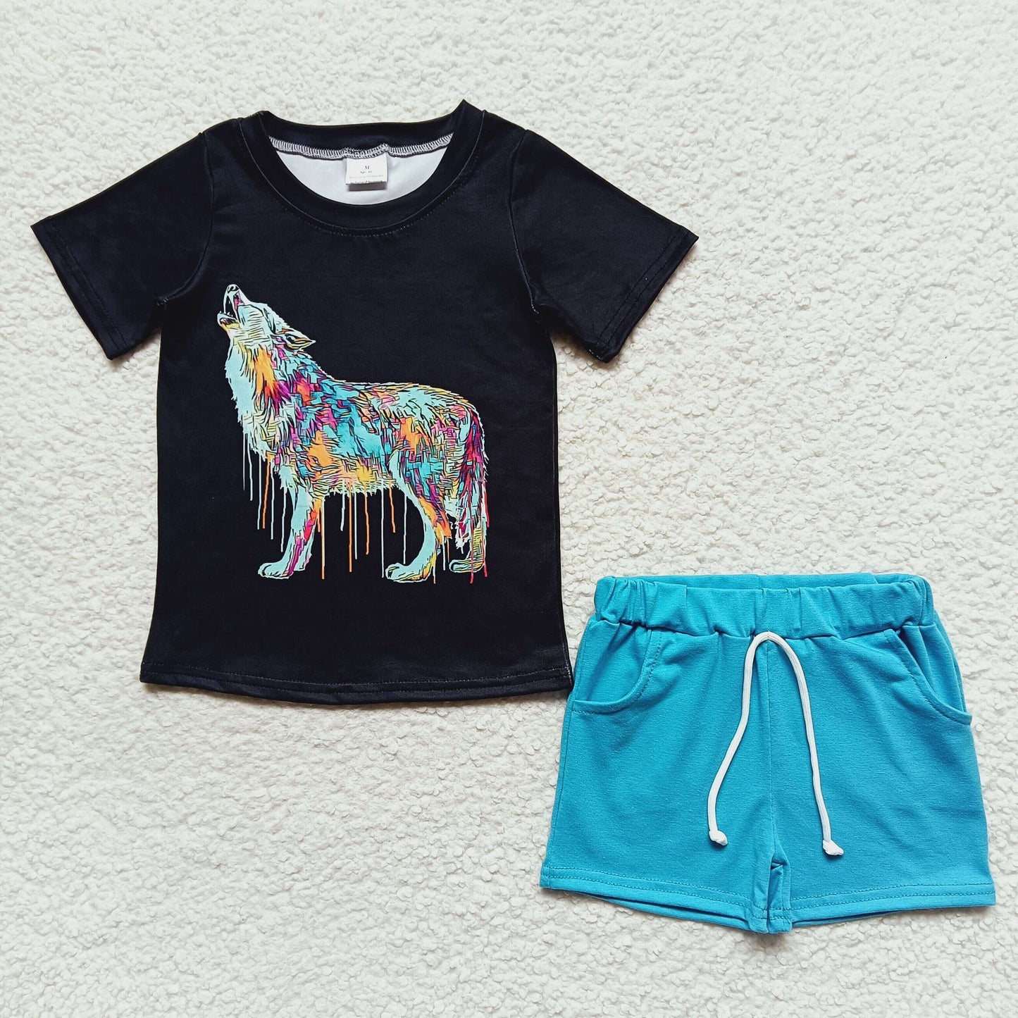 Boys wolf print top blue shorts summer outfits BSSO0219