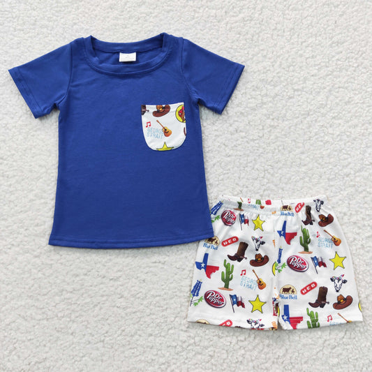 Boys blue pocket top western print summer outfits BSSO0225