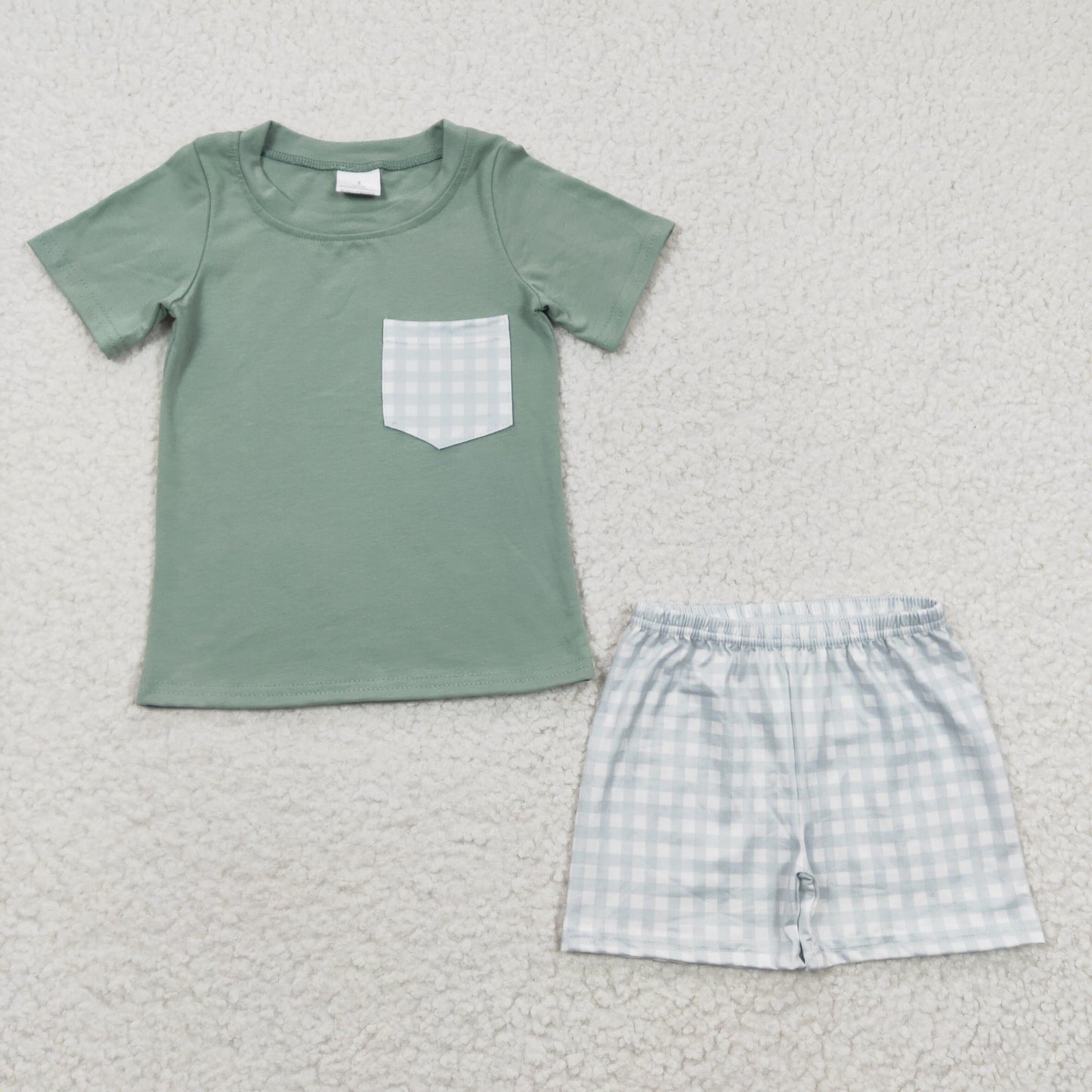 Boys pocket top plaid print summer shorts outfits BSSO0236