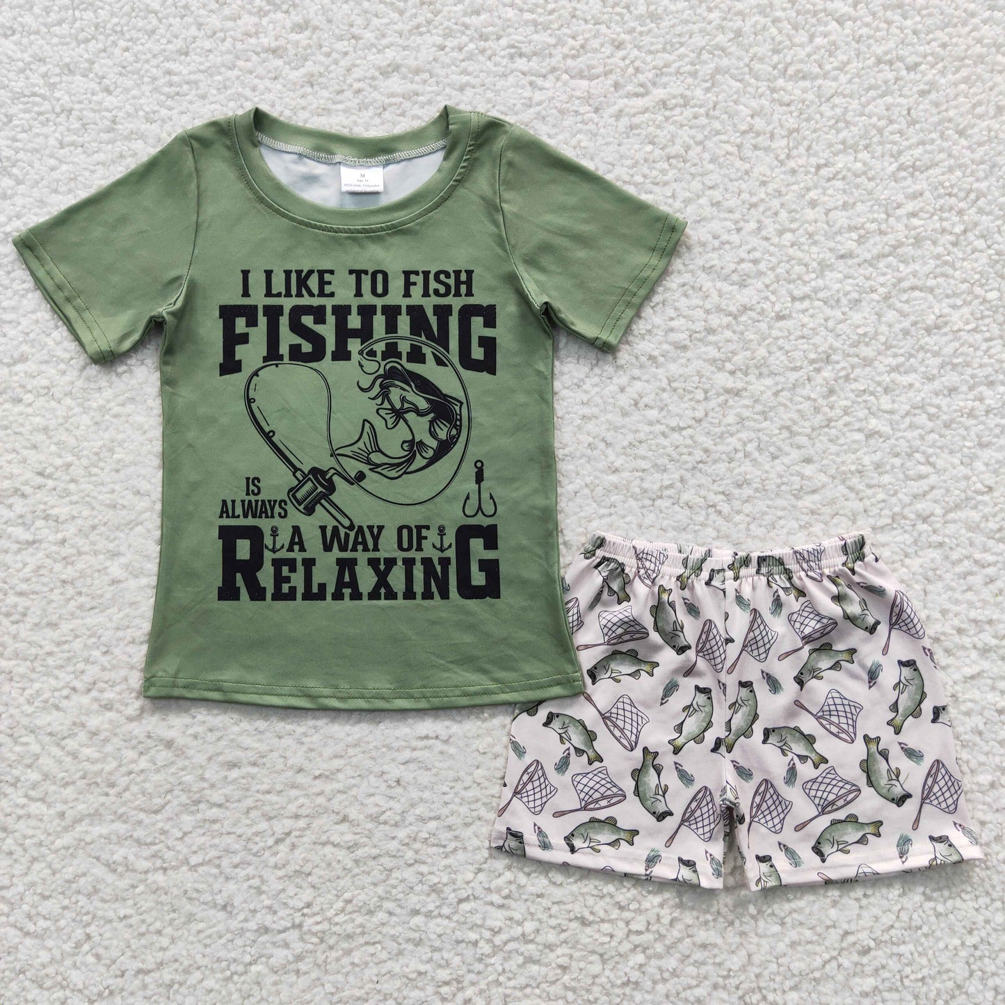 BSSO0257 I like to fish boys green summer outfits