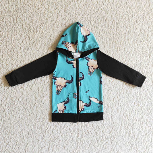Boys cow aqua print zipper western hoodie jacket   BT0083