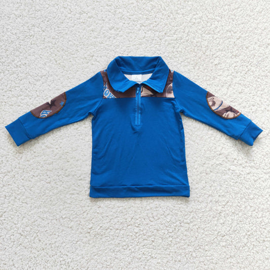 Boys western design blue zipper pullover top     BT0101