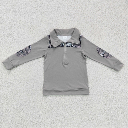 Boys camo dino print gray pullover top     BT0106