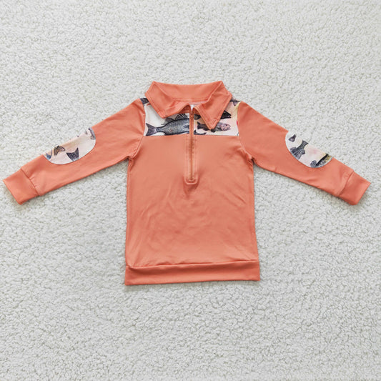 Boys orange fishing print pullover top   BT0128
