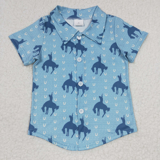 Boys western blue horse print button up shirts  BT0164