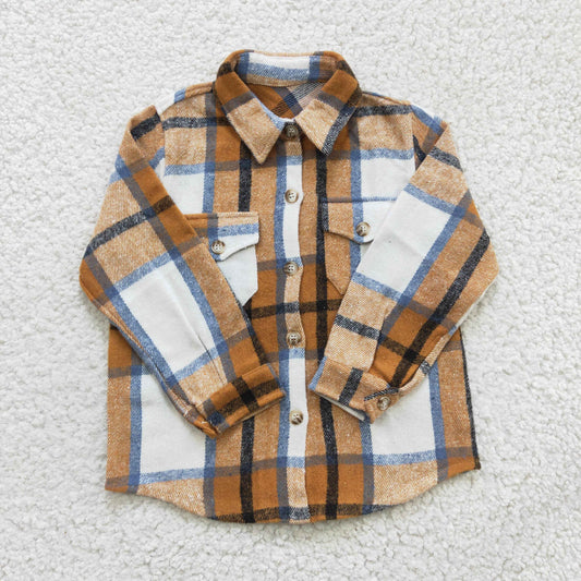 Brown khaki plaid cotton pocket boy thick flannel button up shirt BT0189