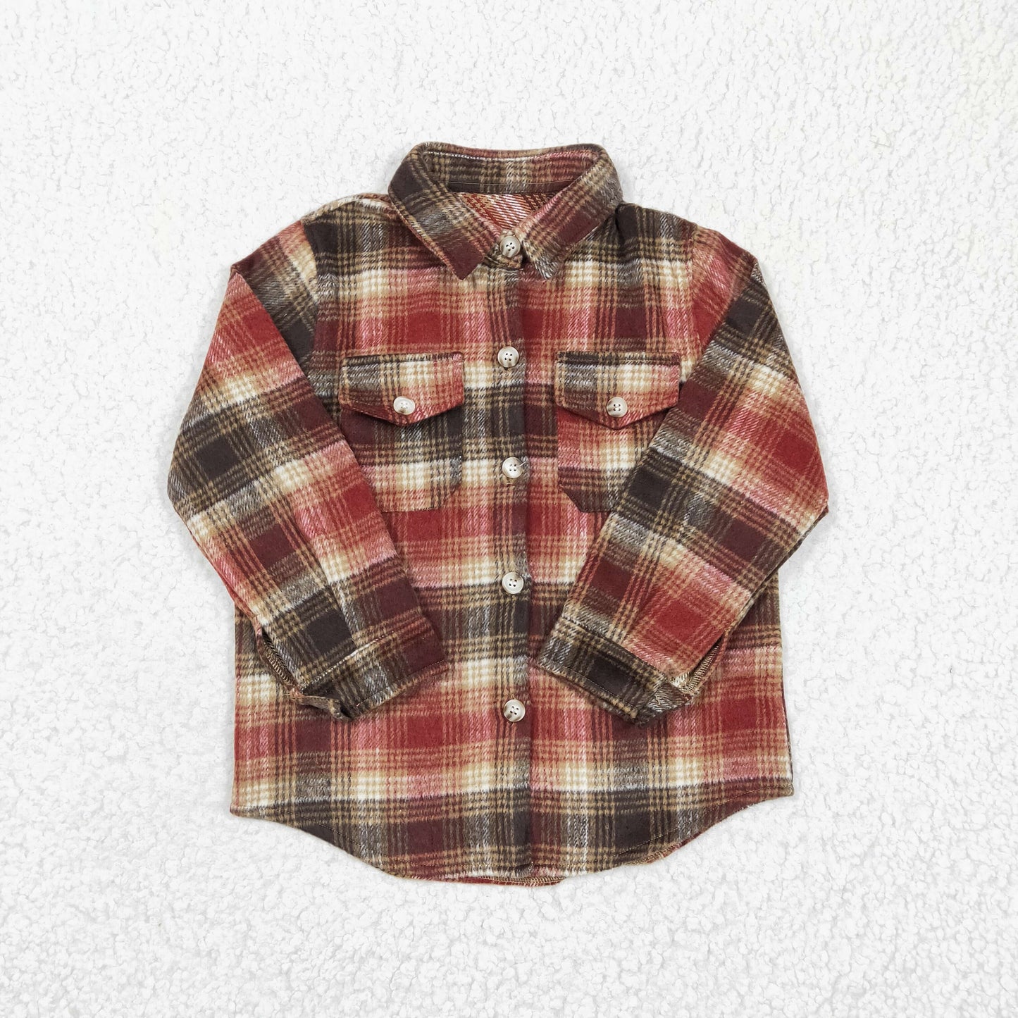 Brown red plaid cotton pocket boy thick flannel button up shirt BT0191