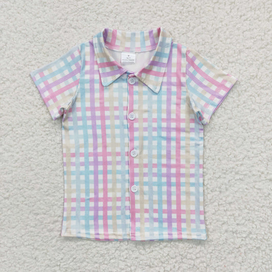 Boys short sleeve rainbow plaid button up shirts  BT0215