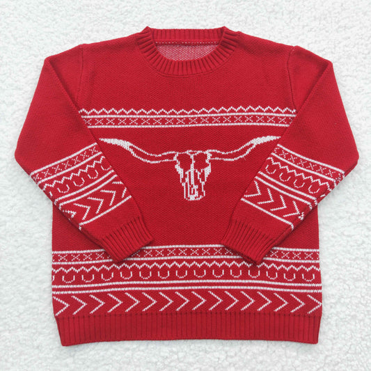 Boys western cow skull print RED woolen sweater        BT0218