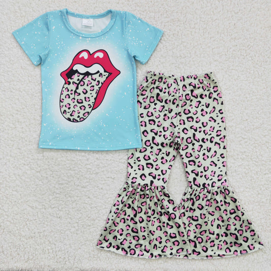 (Promotion) Short sleeve blue top leopard bell bottom pants outfits C0-24