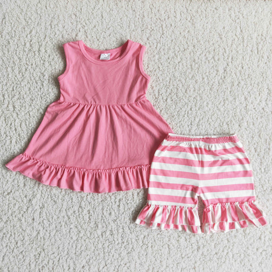 (Promotion)Sleeveless pink top ruffles shorts summer outfits C10-16