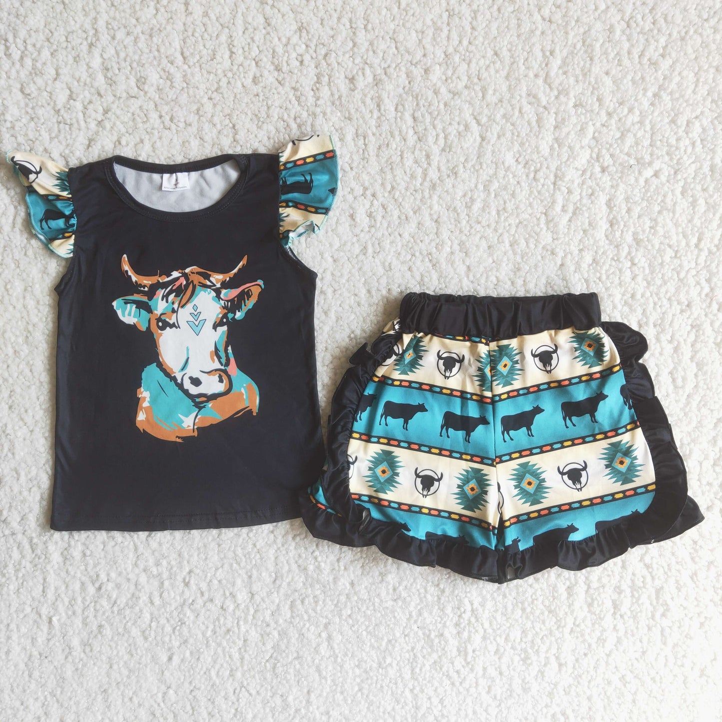 (Promotion)Girls cow print top aztec ruffles shorts summer outfits  C15-4