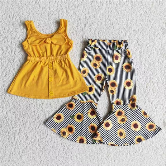 Sleeveless yellow top sunflowers bell bottom pants outfits C16-4