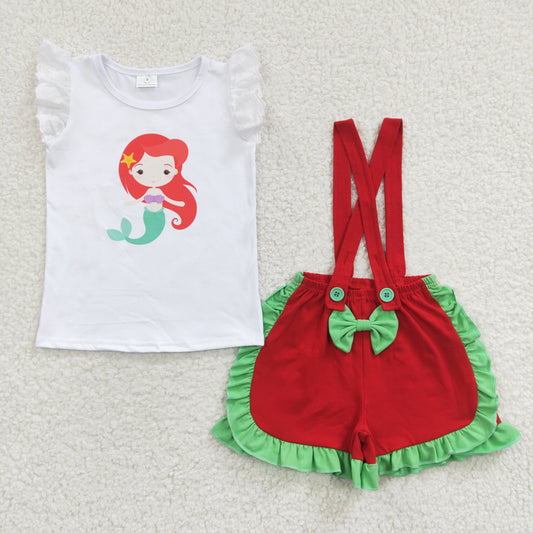Girls mermaid princess suspender shorts summer clothes sets C3-11