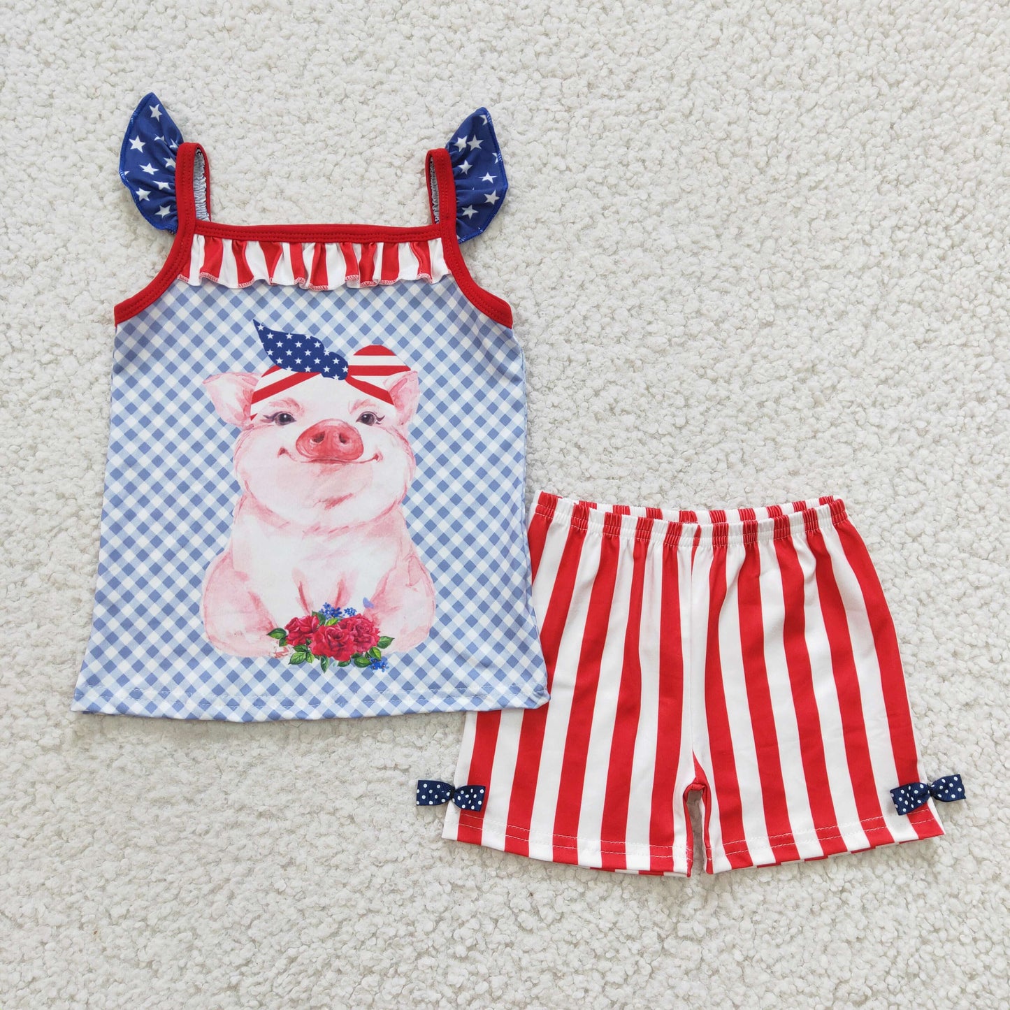 (Promotion)Girls flutter sleeve pig print 4th of July outfits C4-11