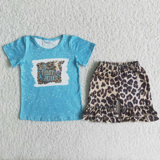 (Promotion)Not today heifer blue top leopard ruffles shorts summer outfits C5-16