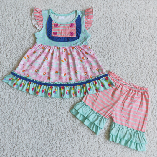 Girls flamingo print summer outfits   C7-22