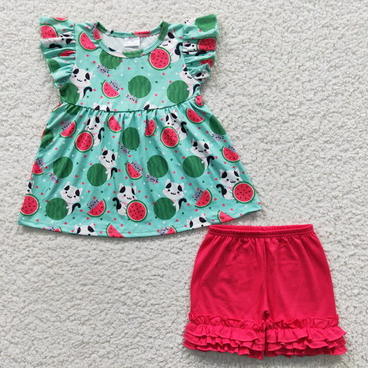 Flutter sleeves cat and watermelon print summer outfits C9-5