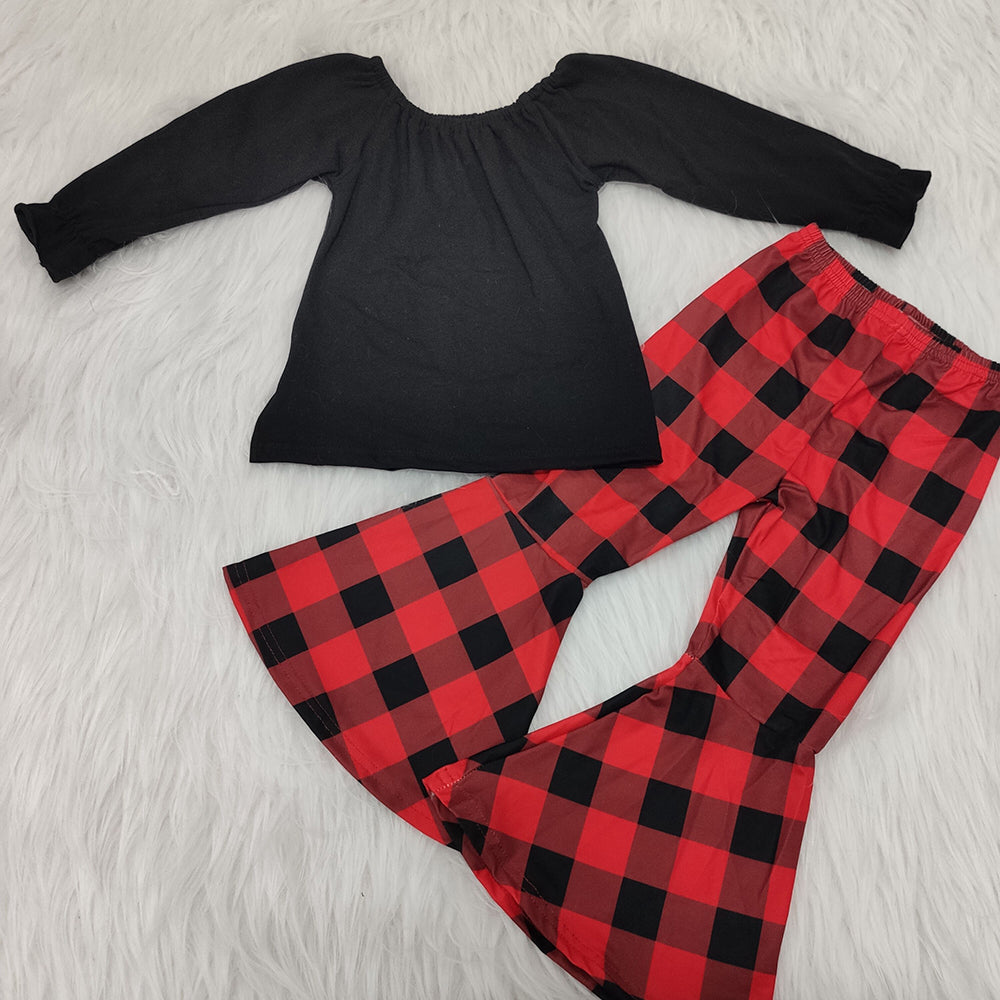 (Promotion)6 A15-13 Black Top Red Plaid Bell Pants Girls Christmas Outfits