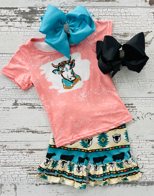 (Promotion)Short sleeve cow print top aztec ruffles shorts girls summer outfits D11-16