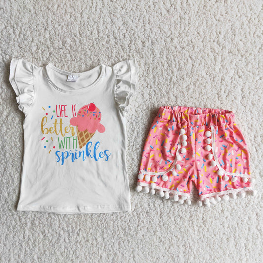 (Promotion)Girls life is better with sprinkles print summer pompom outfits  D13-20