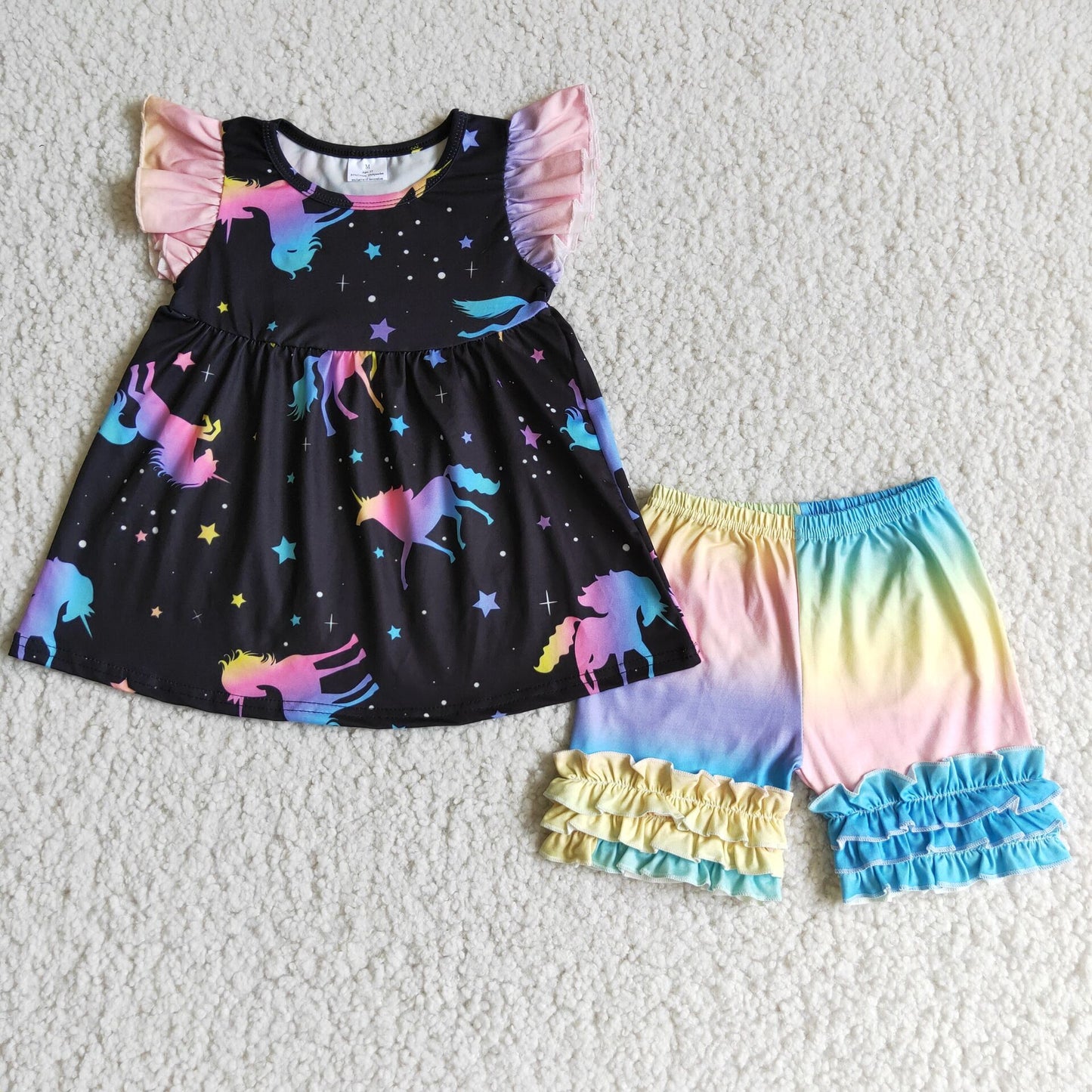 (Promotion)Flutter sleeve colorful unicorn print icing shorts summer outfits D2-26