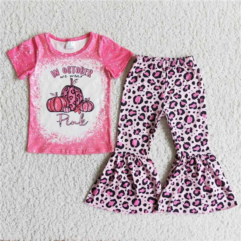 Girls fall pink punpkin print breast cancer design outfits D2-29