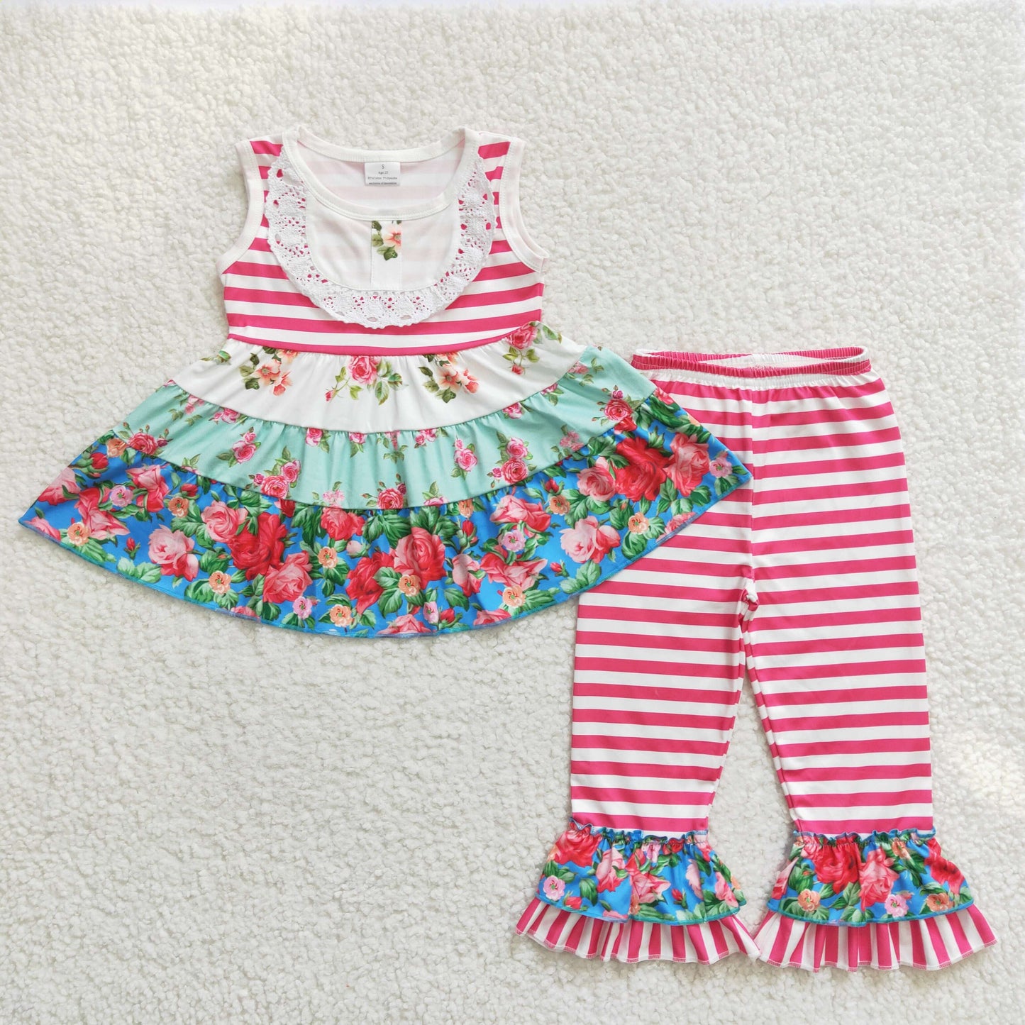 (Promotion) Girls sleeveless floral ruffle tunic stripes capris outfits  E2-11