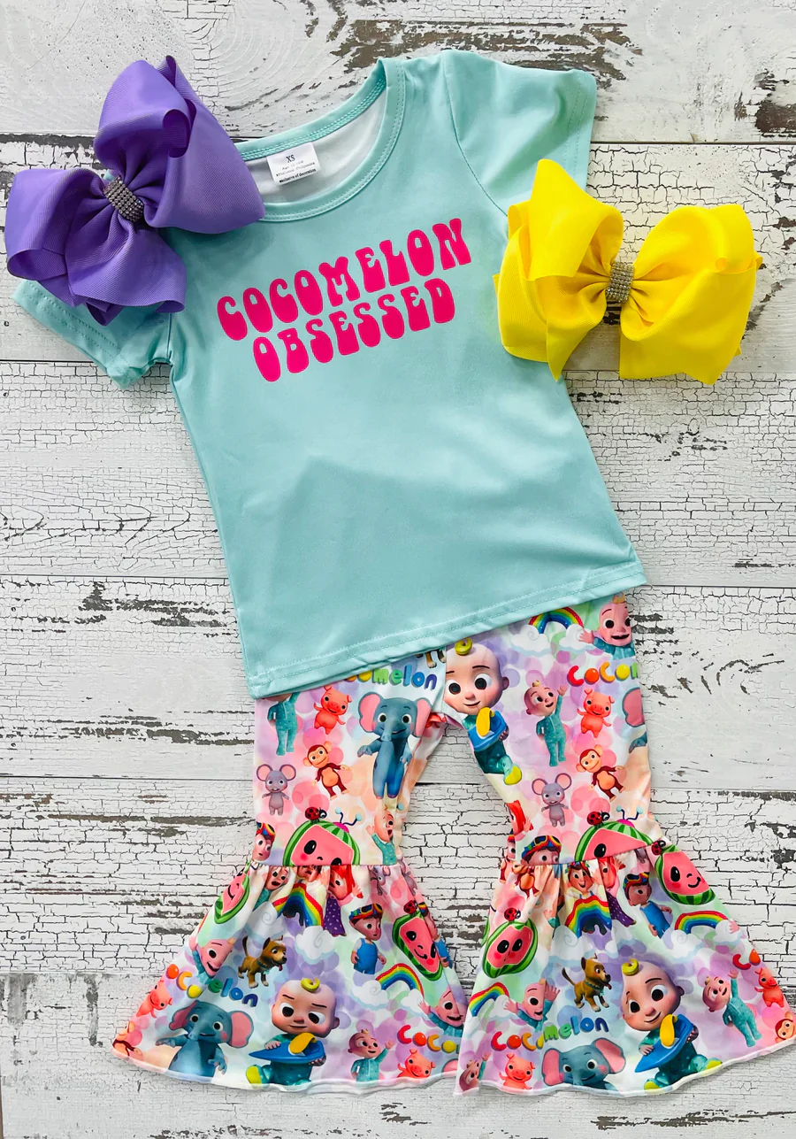 (Promotion) Short sleeve cartoon print bell bottom pants outfits E6-4