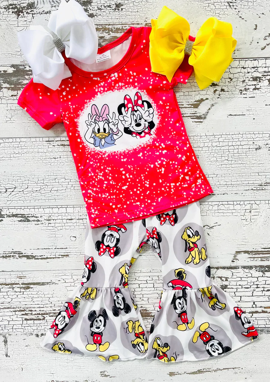 (Promotion)Cartoon mouse print short sleeve bell bottom pants outfits