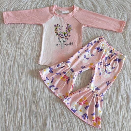 (Promotion) 6 A32-26 It's Beautiful Pink Flowers Cow Skull Girls Bell Pants Clothes Sets