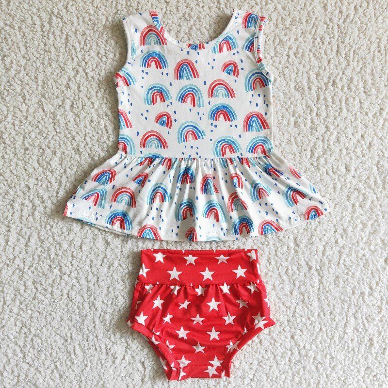 (Promotion)Baby girls rainbow top star print 4th of July bummie sets GBO0014